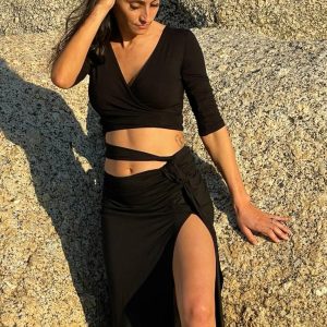 Full length viscose stretch skirt with side piece with matching wrap over top