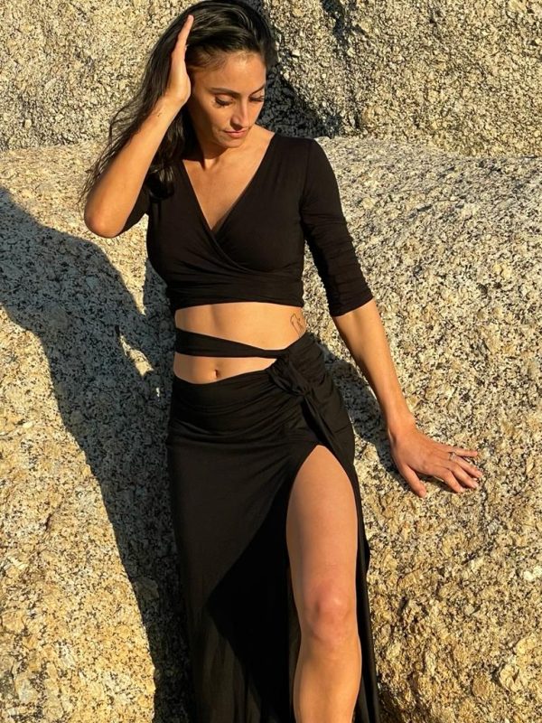 Full length viscose stretch skirt with side piece with matching wrap over top